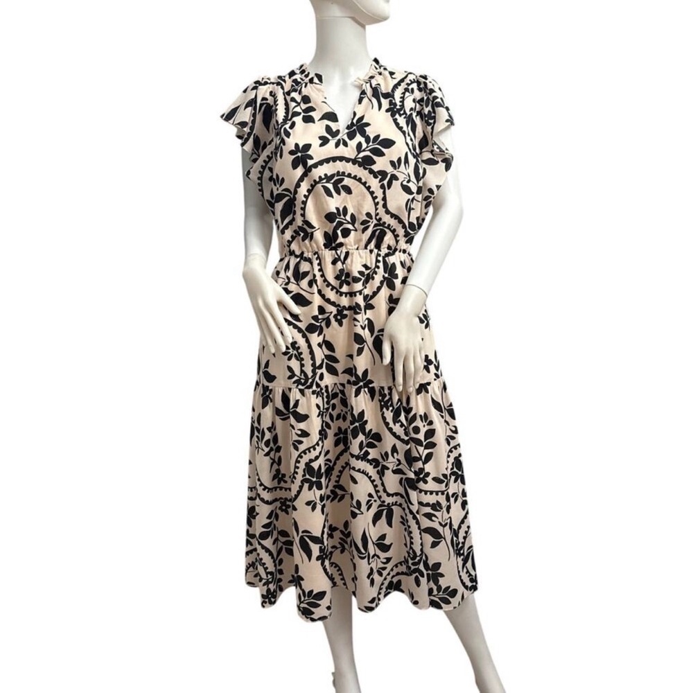 NEW Ann Taylor Floral Leaf Print Tiered dress Cream black Flutter Sleeve sz XS - Picture 3 of 7